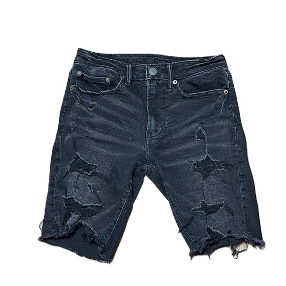 American Eagle Woman’s Black Mid-Thigh Distressed Jean Shorts Size 28 - Picture 1 of 6